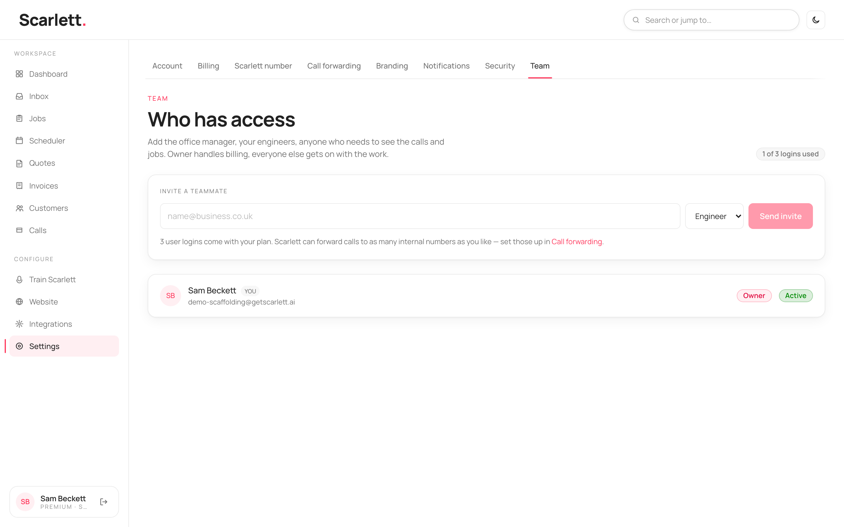 The Team page showing logins used out of three, an 'Invite a teammate' card with an email field and role picker, and the current members with roles and status.