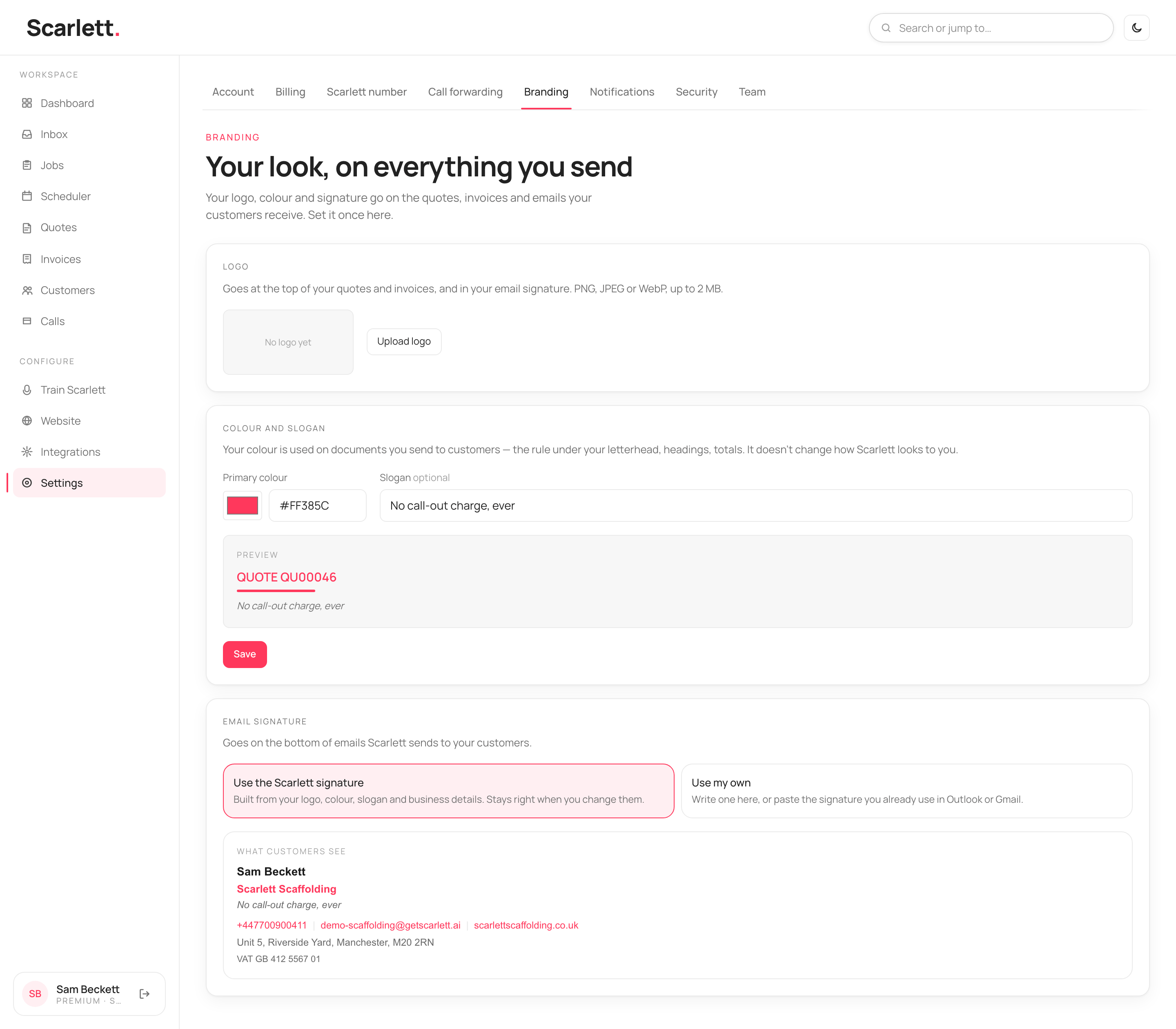 The Branding settings page with a Logo card, a Colour and slogan card showing a coral primary colour, a slogan and a live document preview, and an Email signature card.