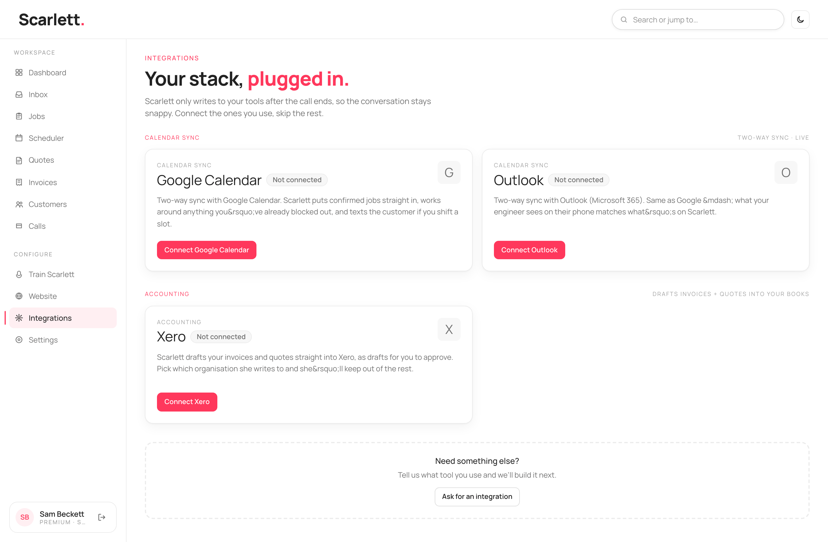 The Integrations page with a Calendar sync section (Google Calendar, Outlook) and an Accounting section (Xero), each card showing a connect button and a connection status badge.