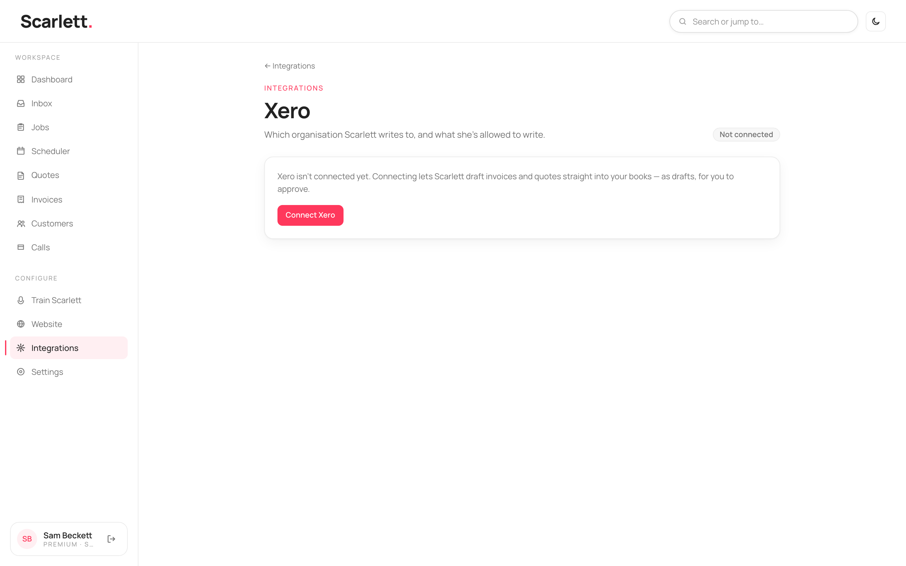 The Xero integration page explaining that Scarlett drafts invoices and quotes into Xero as drafts to approve, with a Connect Xero button before connecting and an organisation picker once connected.