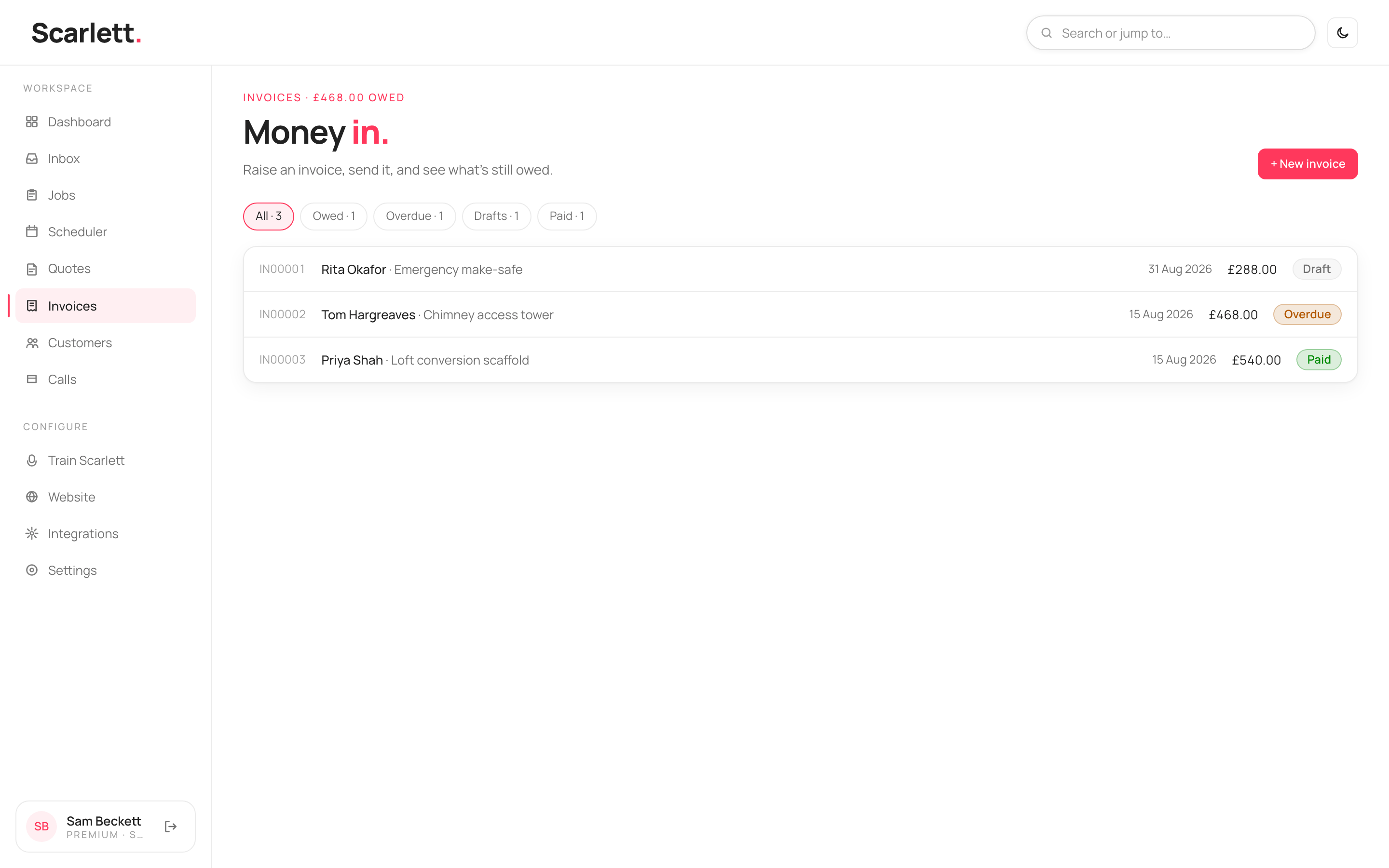 The Invoices list titled 'Money in.', with filter chips (All, Owed, Overdue, Drafts, Paid) and rows showing number, customer, due date, total and status.