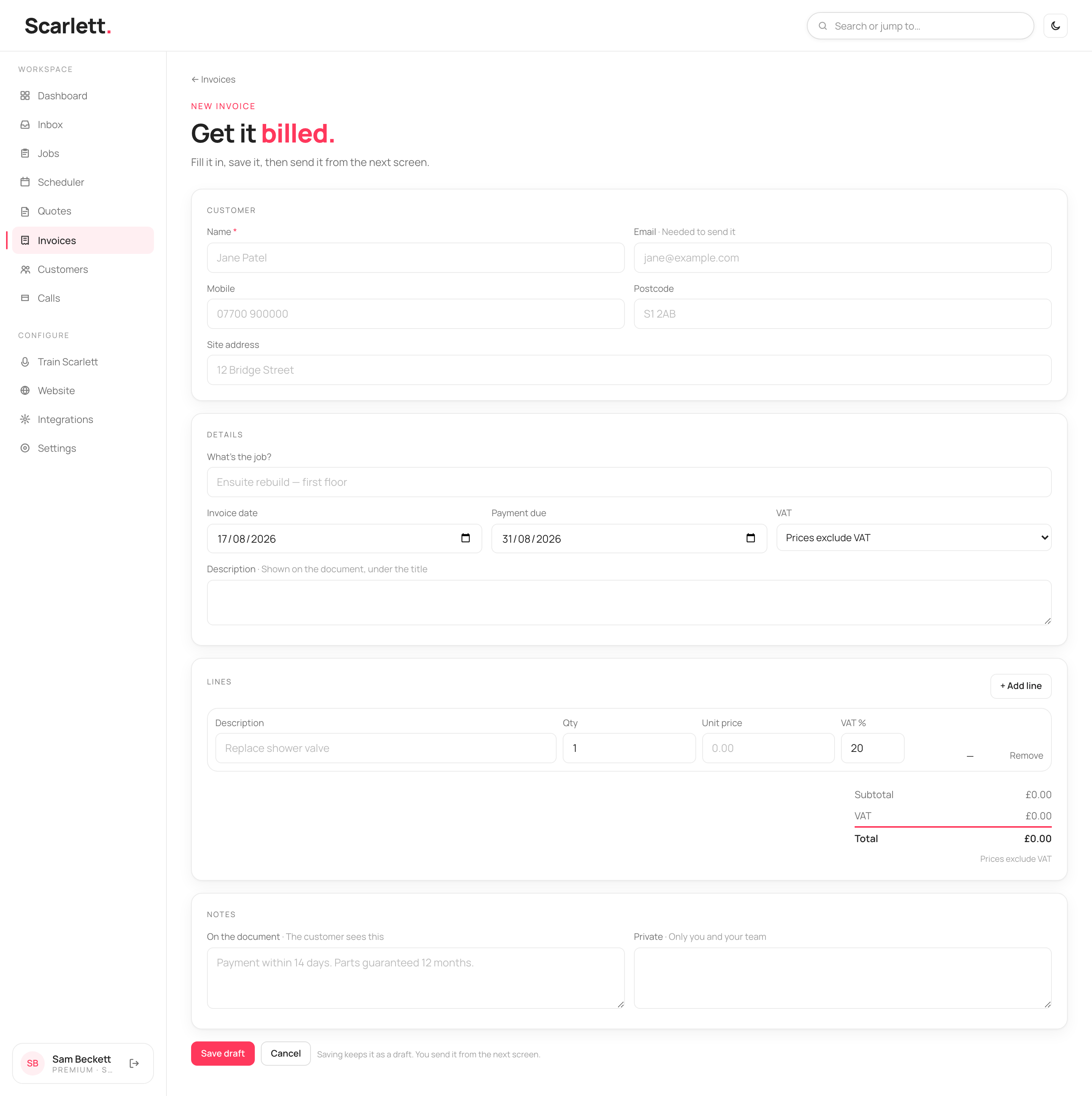 The new-invoice editor with a customer card, a details card with invoice date, payment-due date and a VAT selector, a line-items table, and notes.