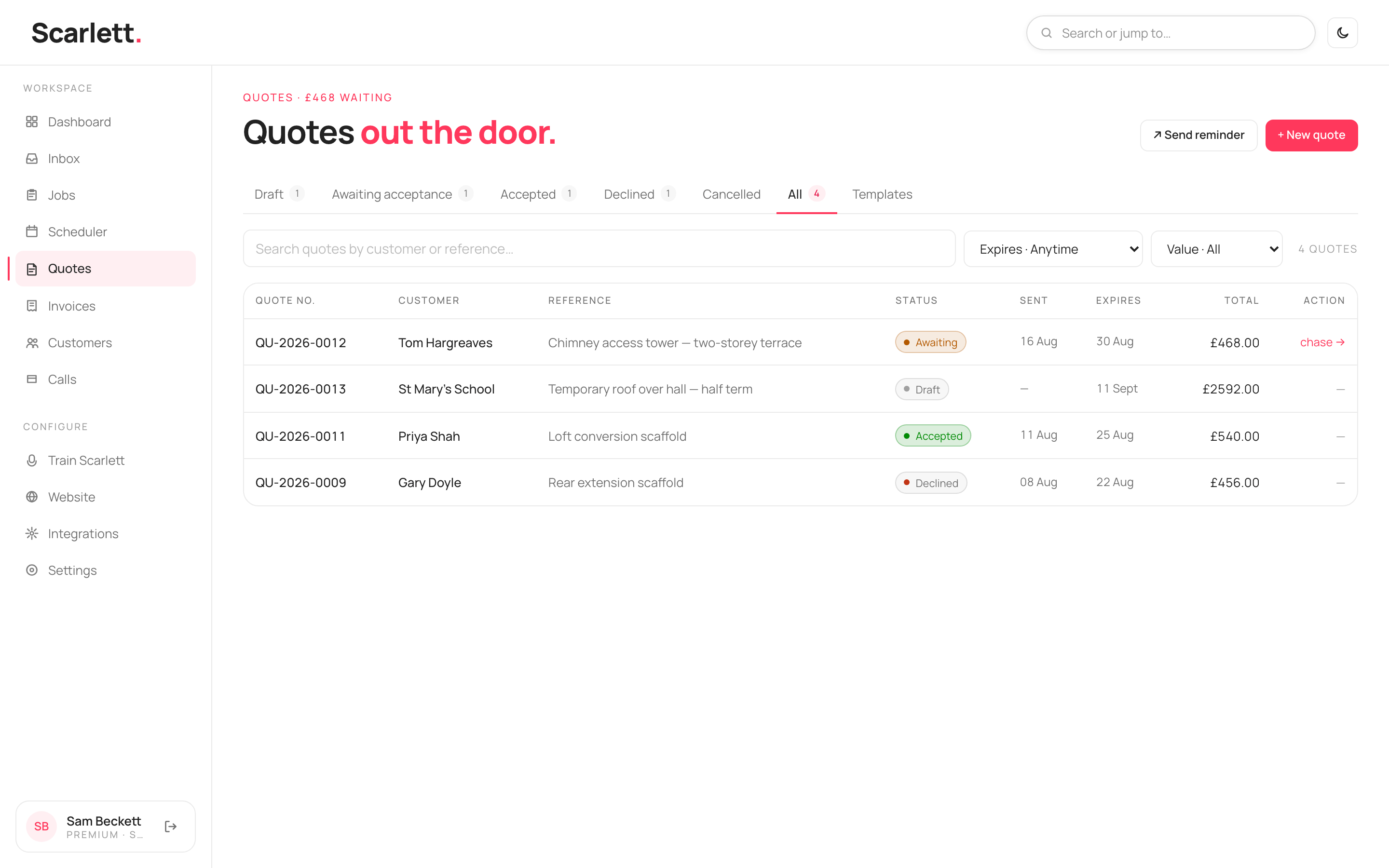 The Quotes list on the All tab with status tabs (Draft, Awaiting acceptance, Accepted, Declined, Cancelled, All) and rows showing number, customer, reference, status, sent and expiry dates, and total.