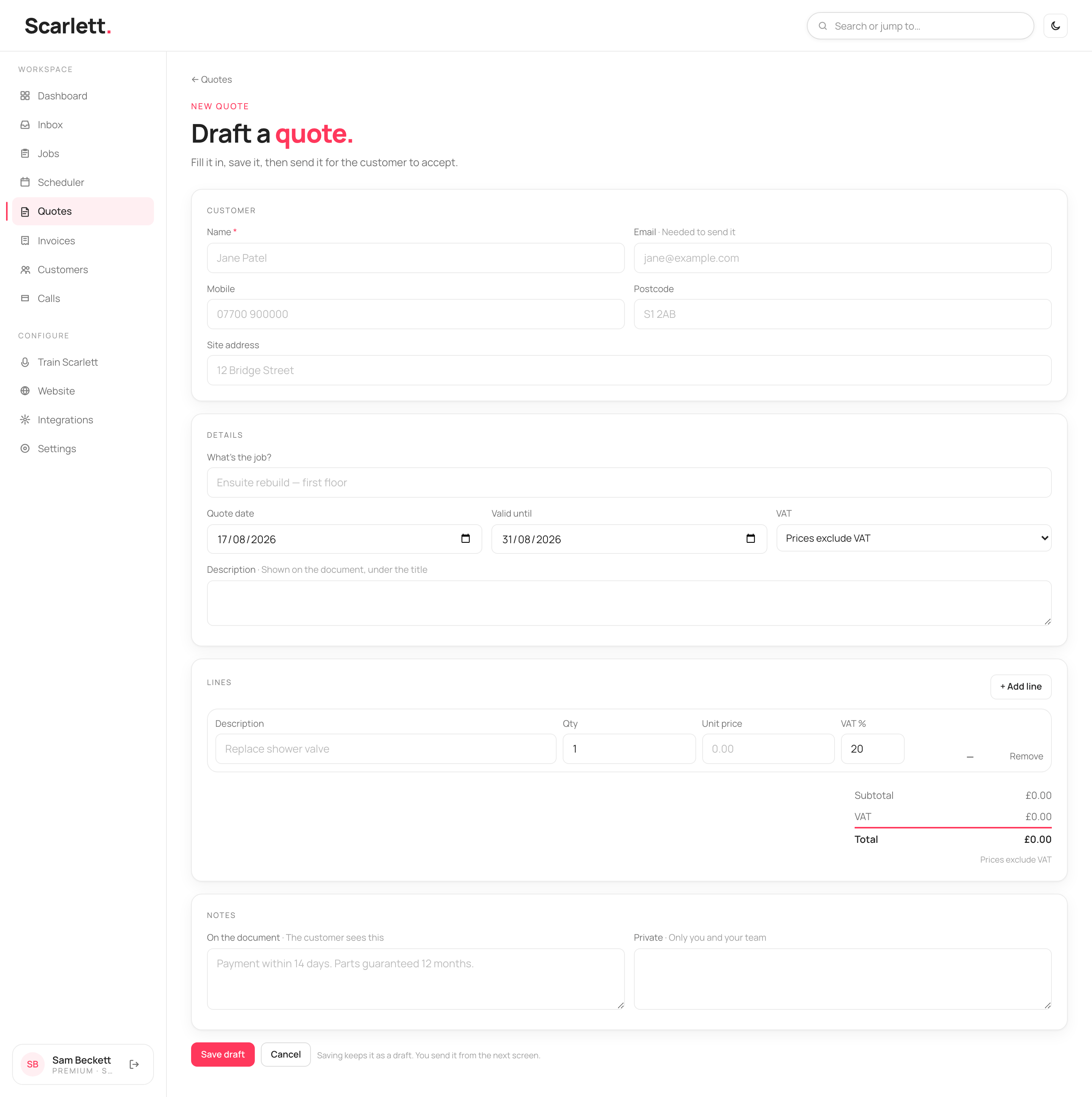 The new-quote editor with a customer card, a details card with quote date, valid-until and a VAT selector, a line-items table, and notes.