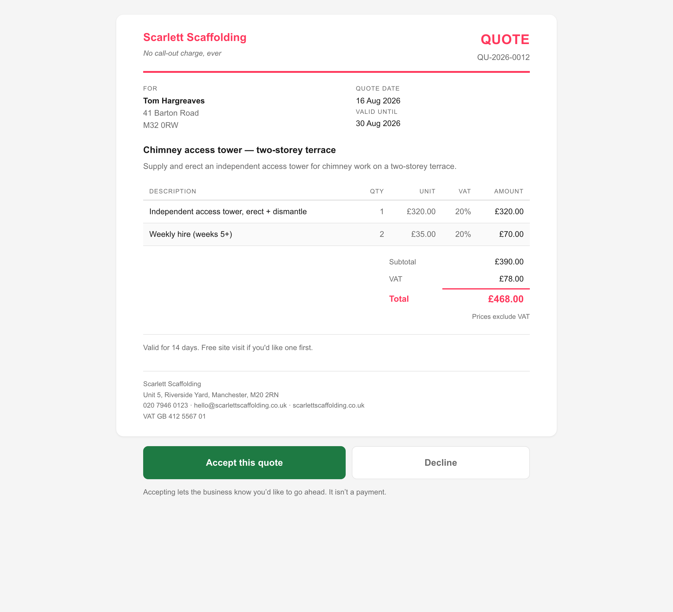 The customer-facing quote page: a branded letterhead with the business name and slogan, the quote lines and total, and Accept this quote / Decline buttons.