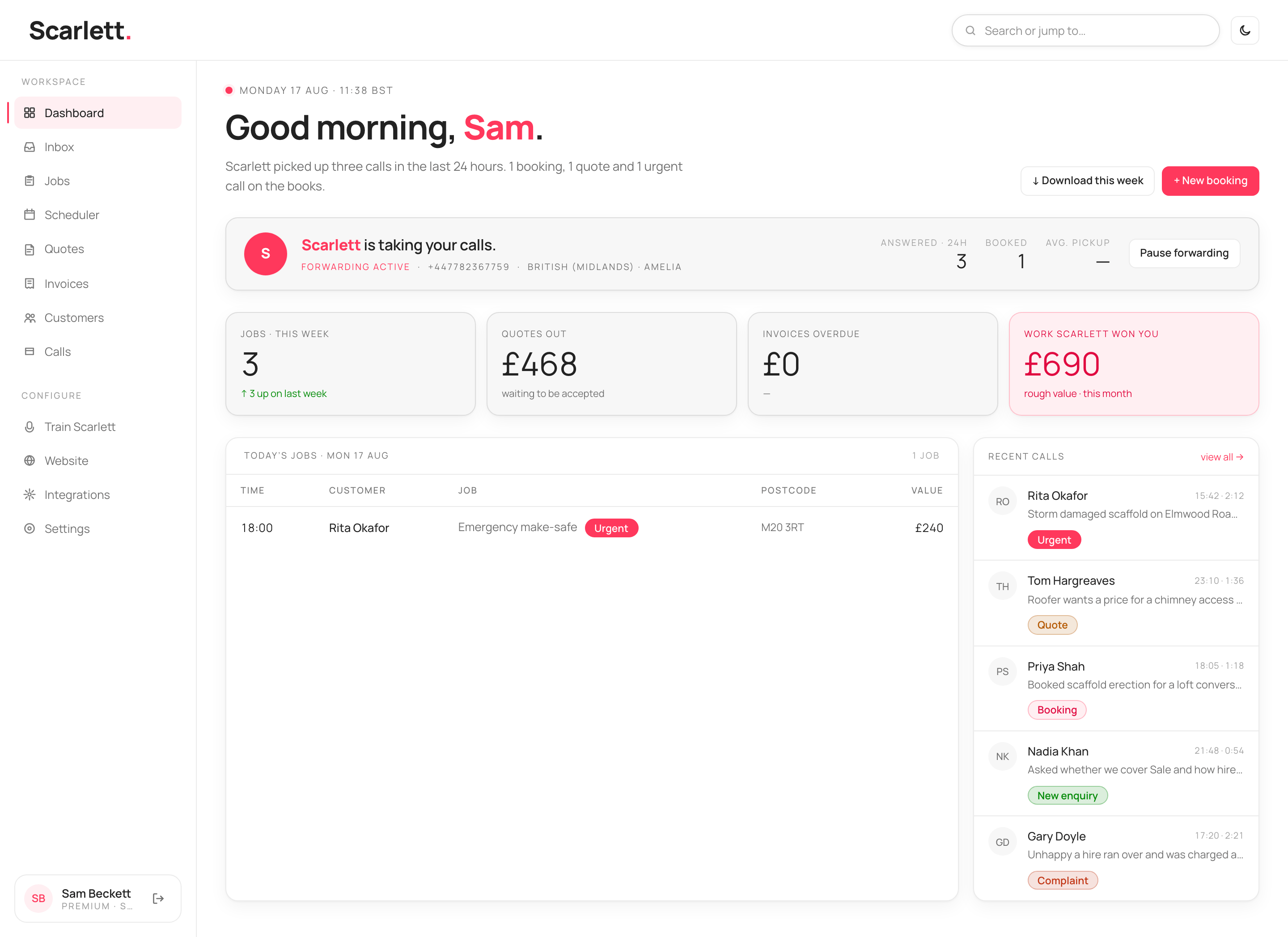 The dashboard with a greeting, a forwarding banner, four stat tiles, today's jobs and a recent-calls panel.