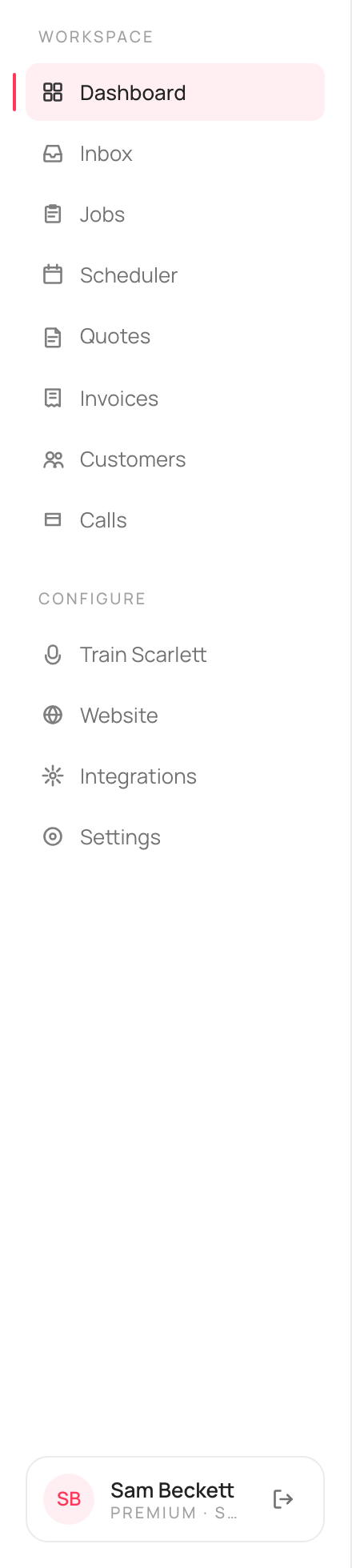 The left navigation with a Workspace group (Dashboard, Inbox, Jobs, Scheduler, Quotes, Invoices, Customers, Calls) and a Configure group (Train Scarlett, Website, Integrations, Settings).