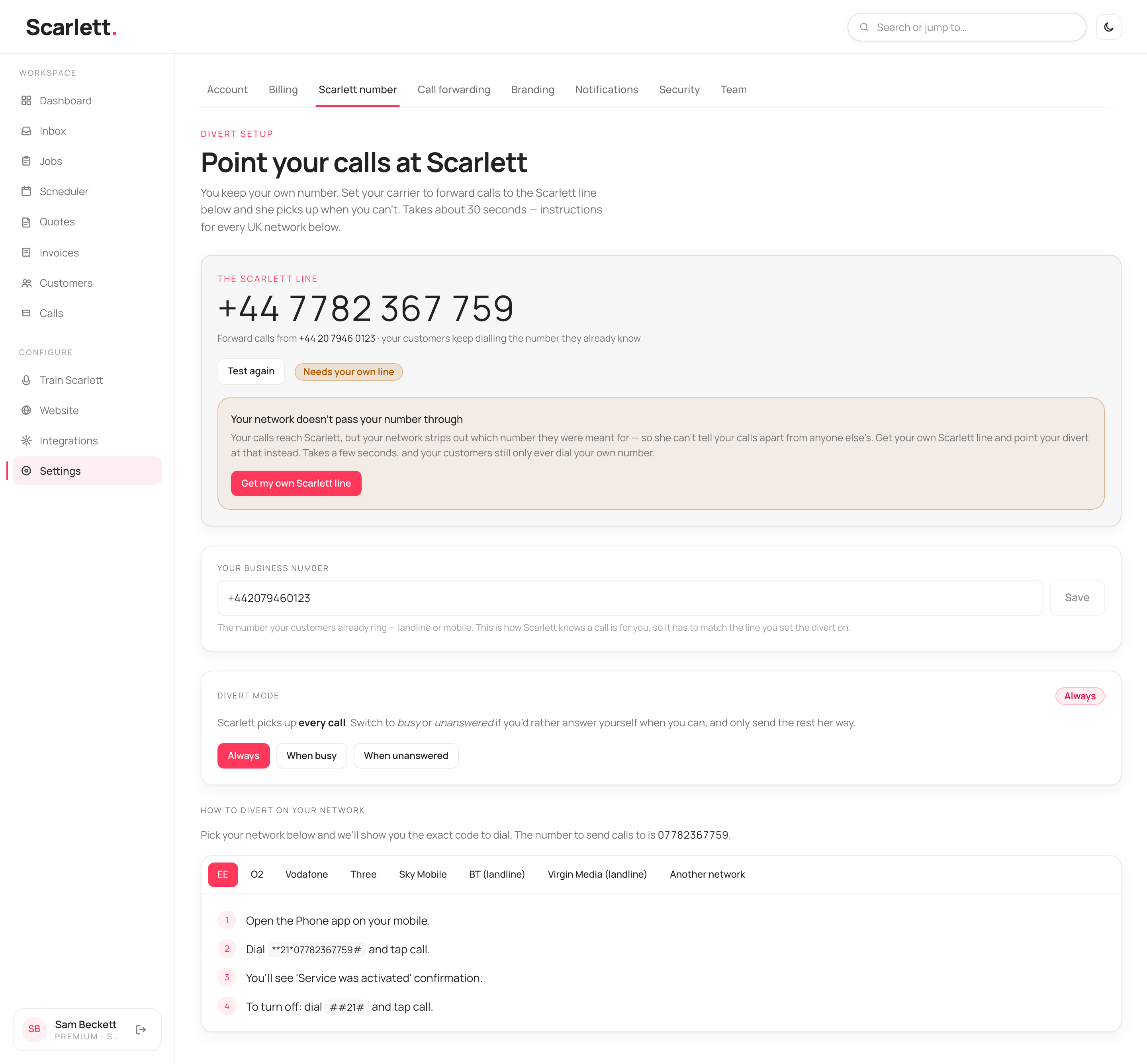The Scarlett number page showing a 'Needs your own line' status and a panel headed 'Your network doesn't pass your number through' with a 'Get my own Scarlett line' button.