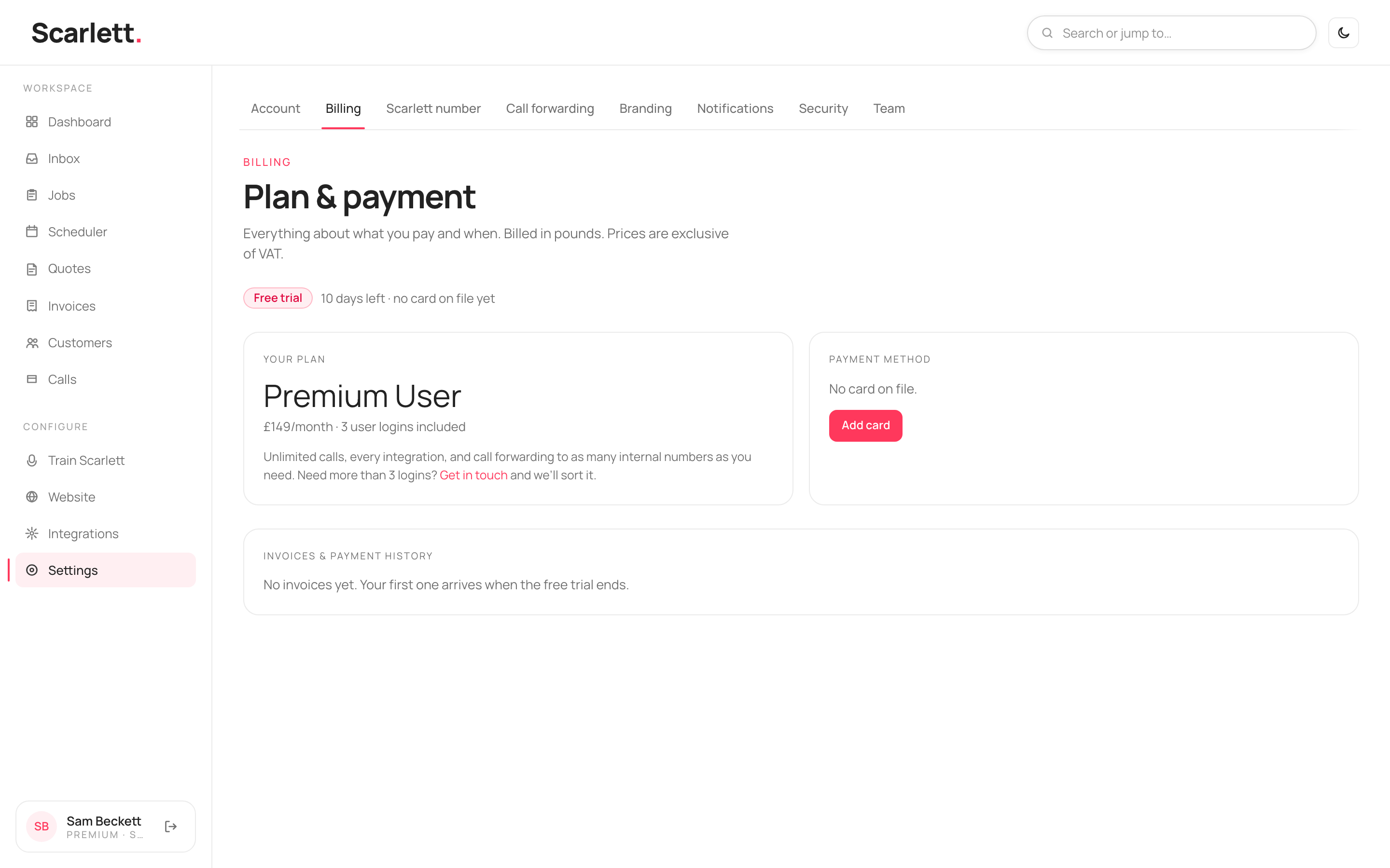 The Billing page with a Free trial status, the Premium User plan at £149 a month exclusive of VAT with three logins, a 'No card on file' payment card, and an empty invoices list.