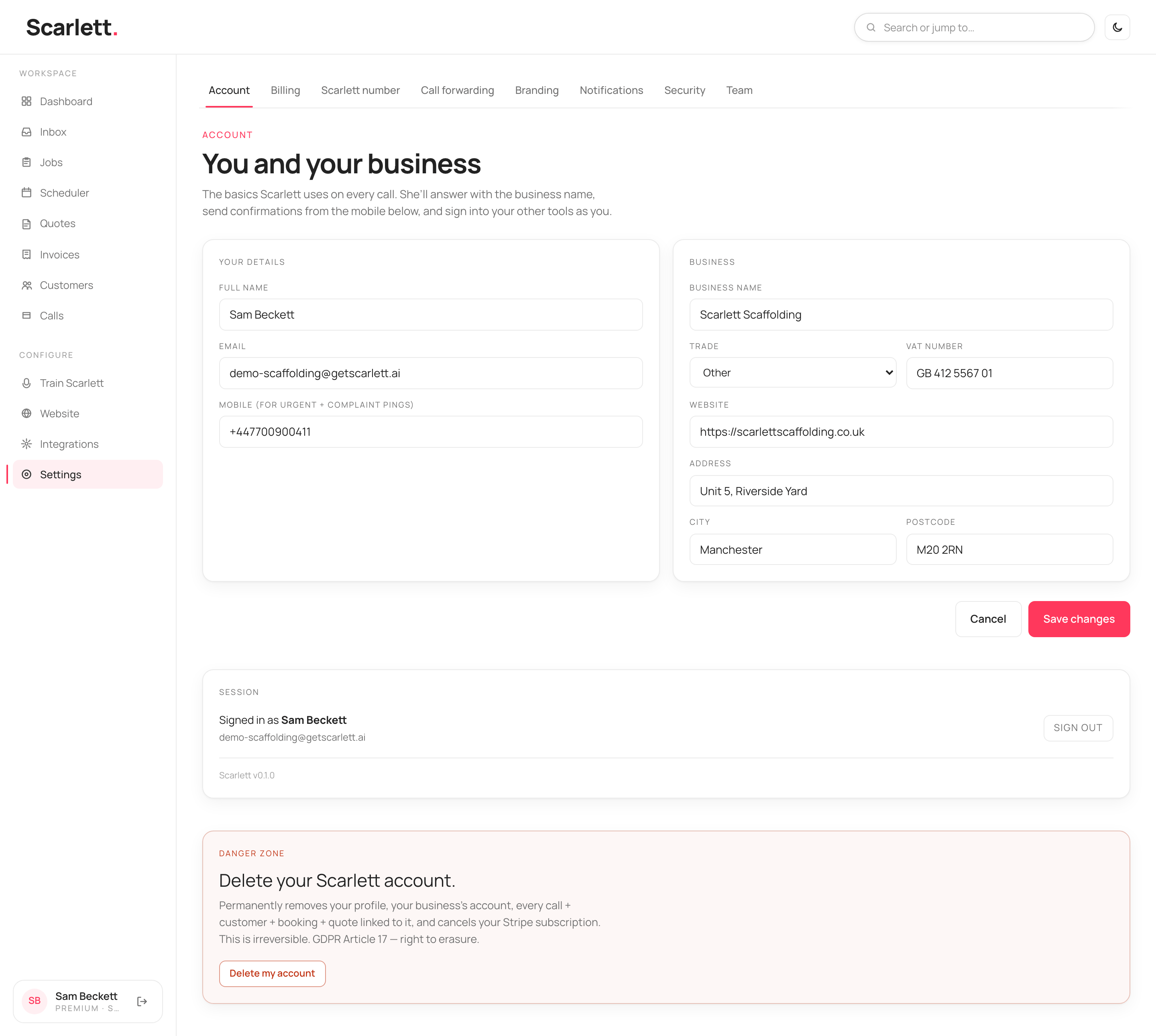 The Account settings Business card holding the business name Scarlett answers with.