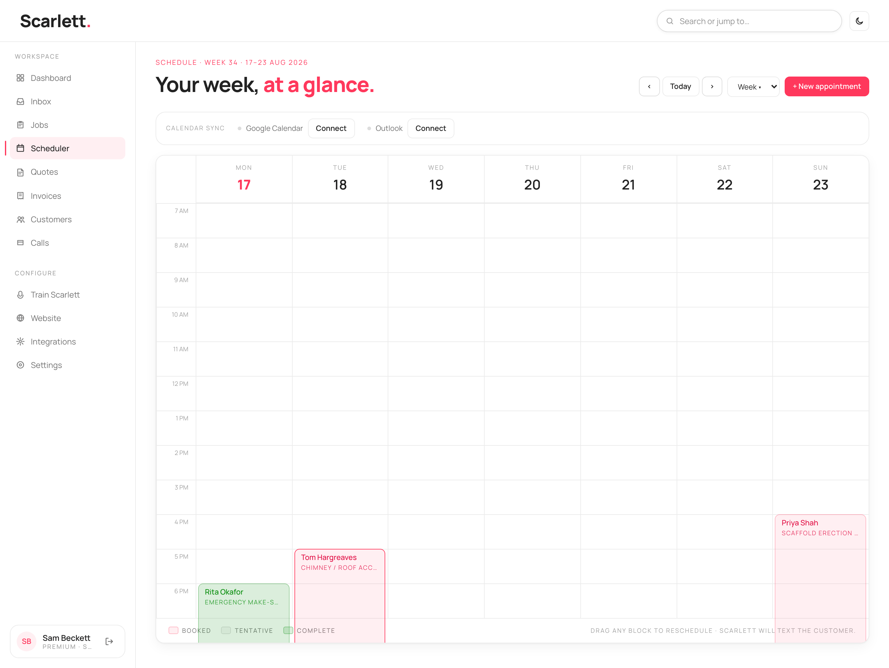 The Scheduler week view from 7am to 7pm with job blocks placed on their days, a calendar-sync strip for Google and Outlook, and week navigation.
