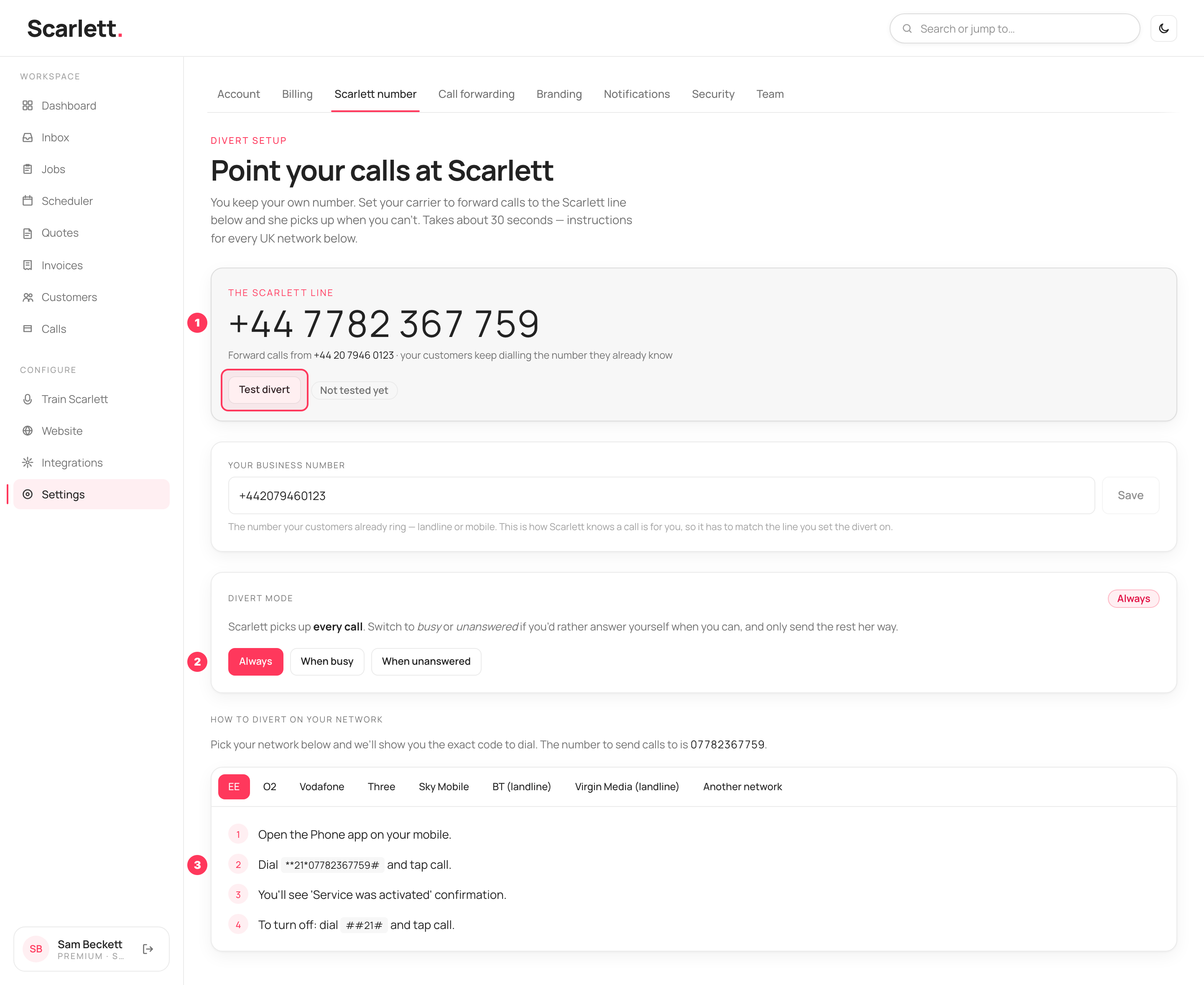 The Scarlett number settings page. The shared Scarlett line 07782 367759 is shown large at the top, with a Test divert button and a grey 'Not tested yet' pill to its right. Below are the business number field, the divert mode row with 'Always' selected, and the carrier instructions showing the EE divert code.