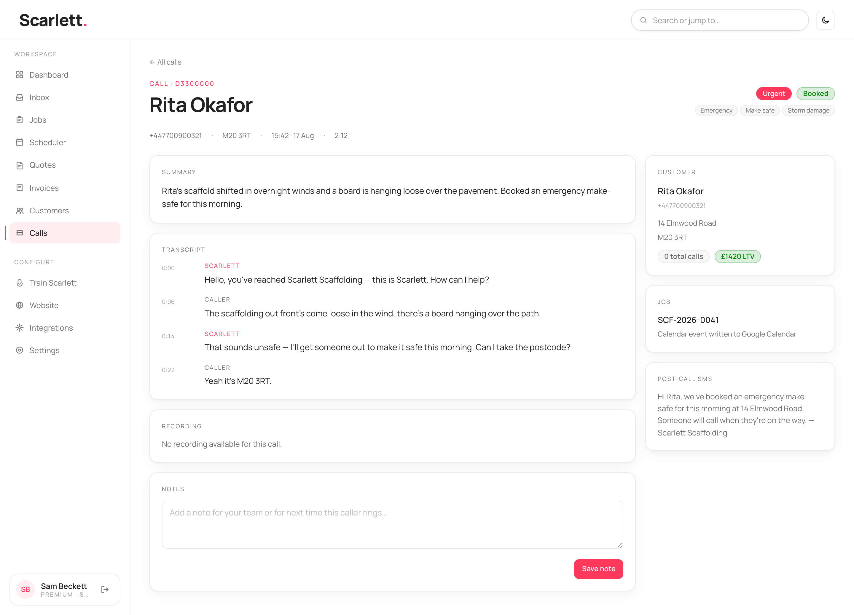 A single call's detail with the caller name, Urgent and Booked tags, a summary, the transcript, a recording panel, a notes box, and a sidebar showing the linked customer, job and the post-call text.