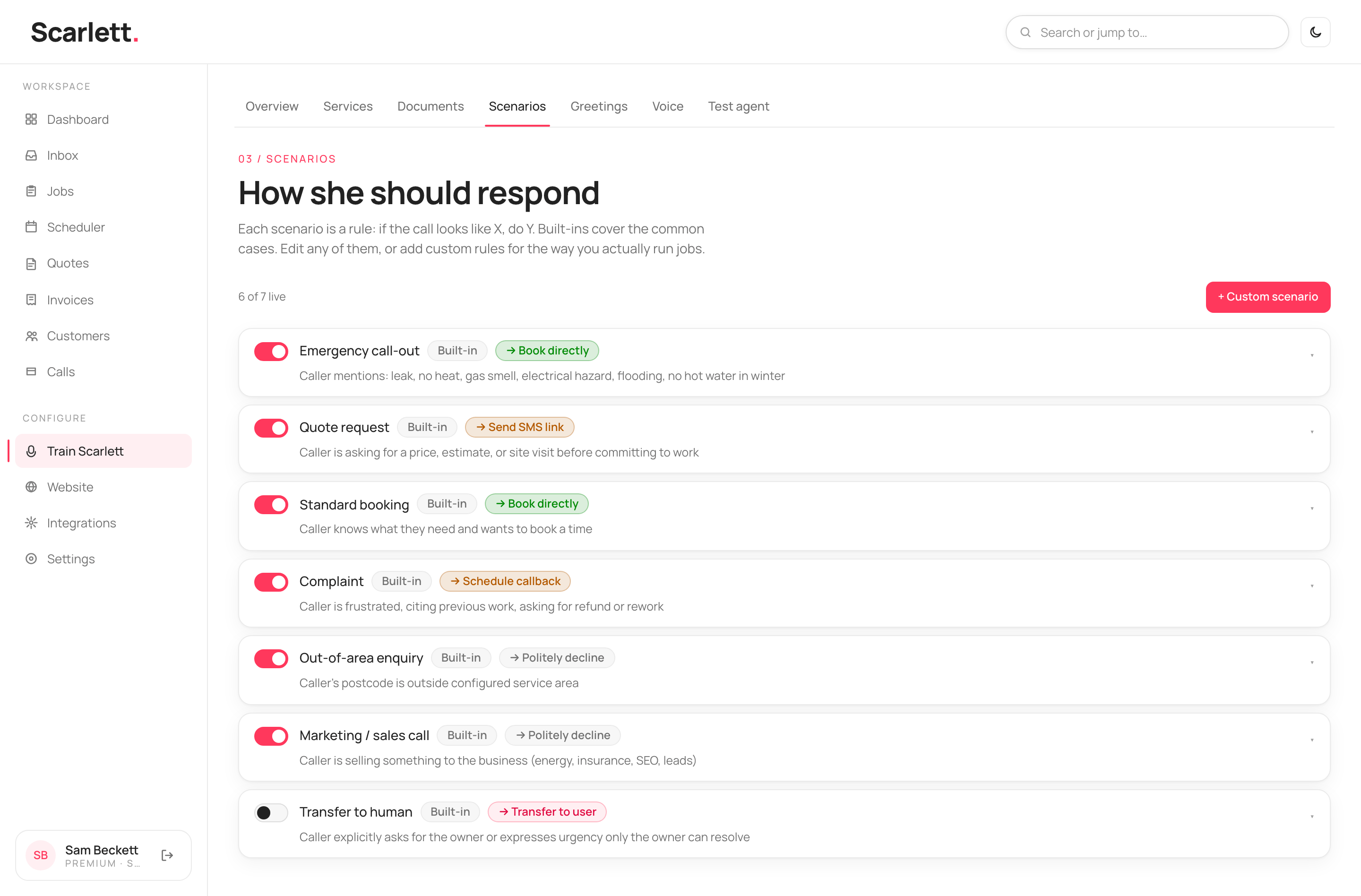 The Scenarios list with rows for the seven built-in scenarios, each with an on/off toggle, a Built-in badge, an action badge and its trigger text.