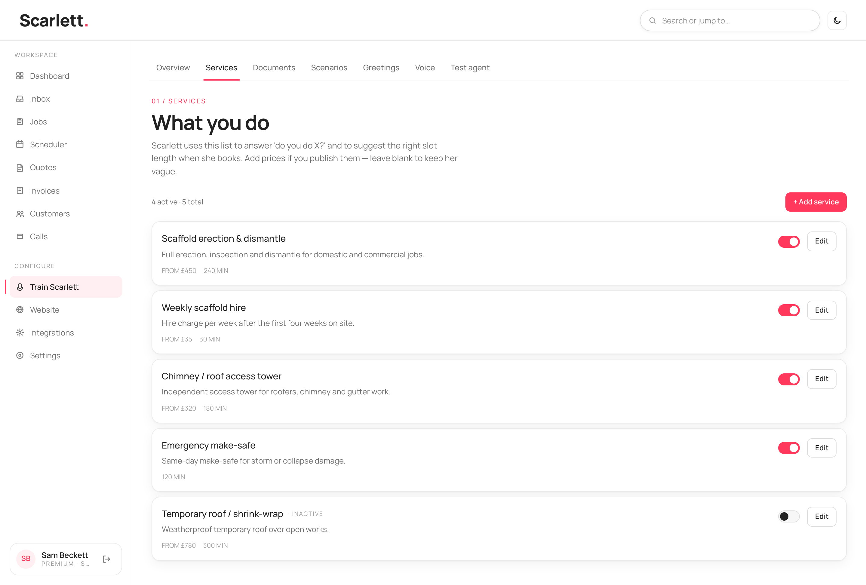 The Services list showing services with a description, a 'from' price and a duration each, plus an on/off toggle and an Edit button.