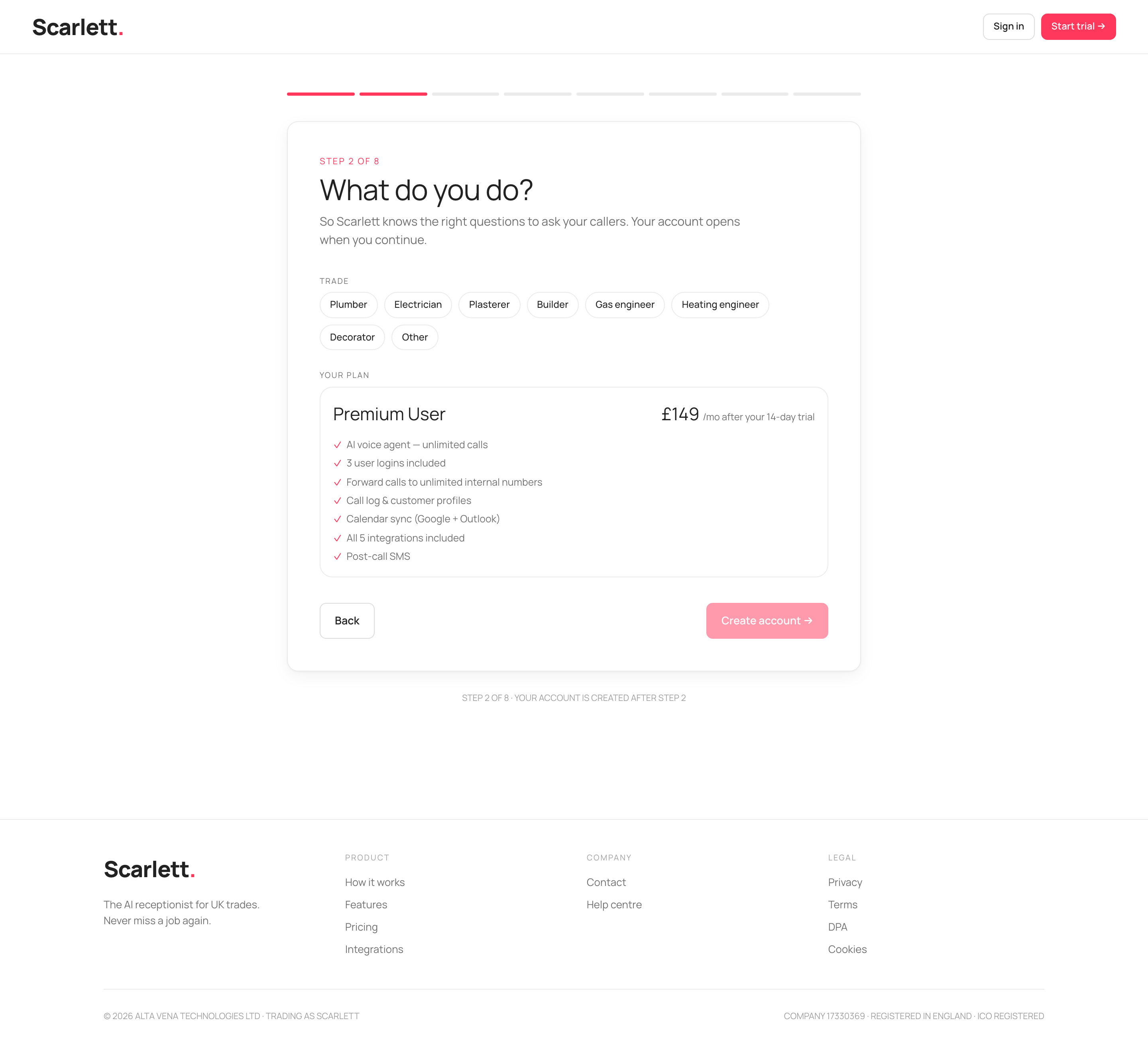 Signup step 2 with a row of trade buttons and a read-only Premium User plan card at £149 a month exclusive of VAT after a 14-day trial.