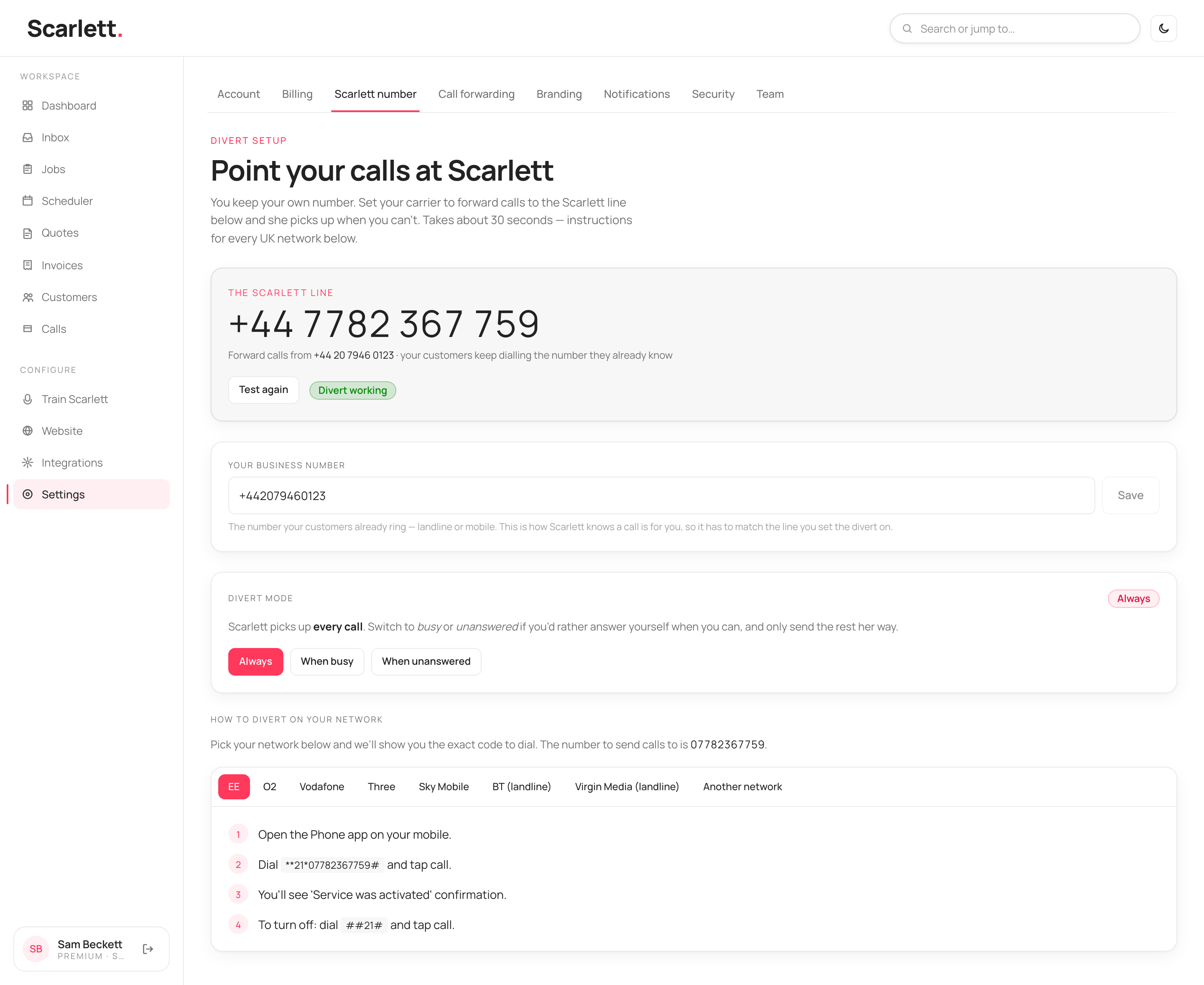 The Scarlett number page showing a green 'Divert working' status after a passed test.