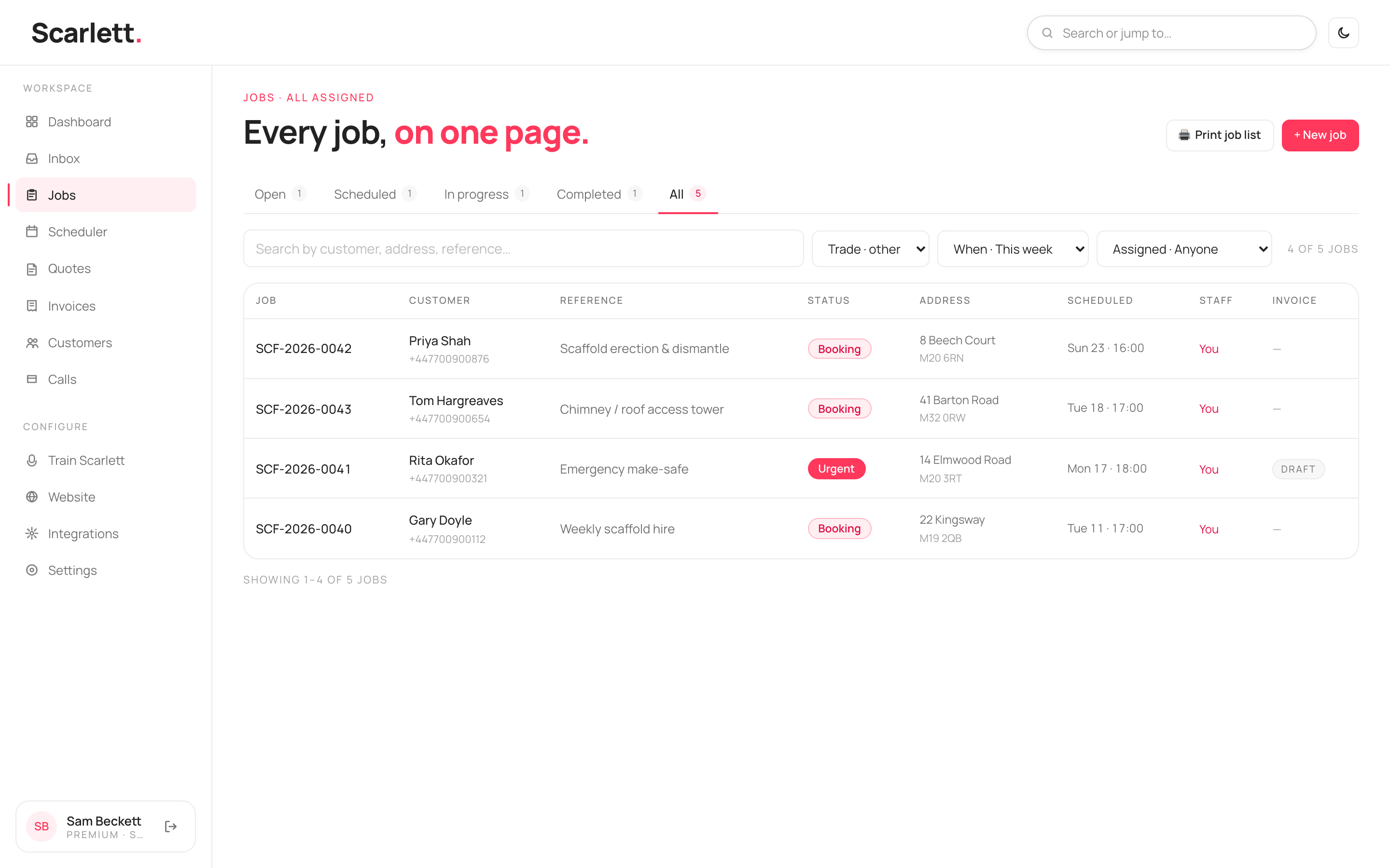 The Jobs list with status tabs and rows for each job showing reference, customer, service, status, address, scheduled time and assignee.