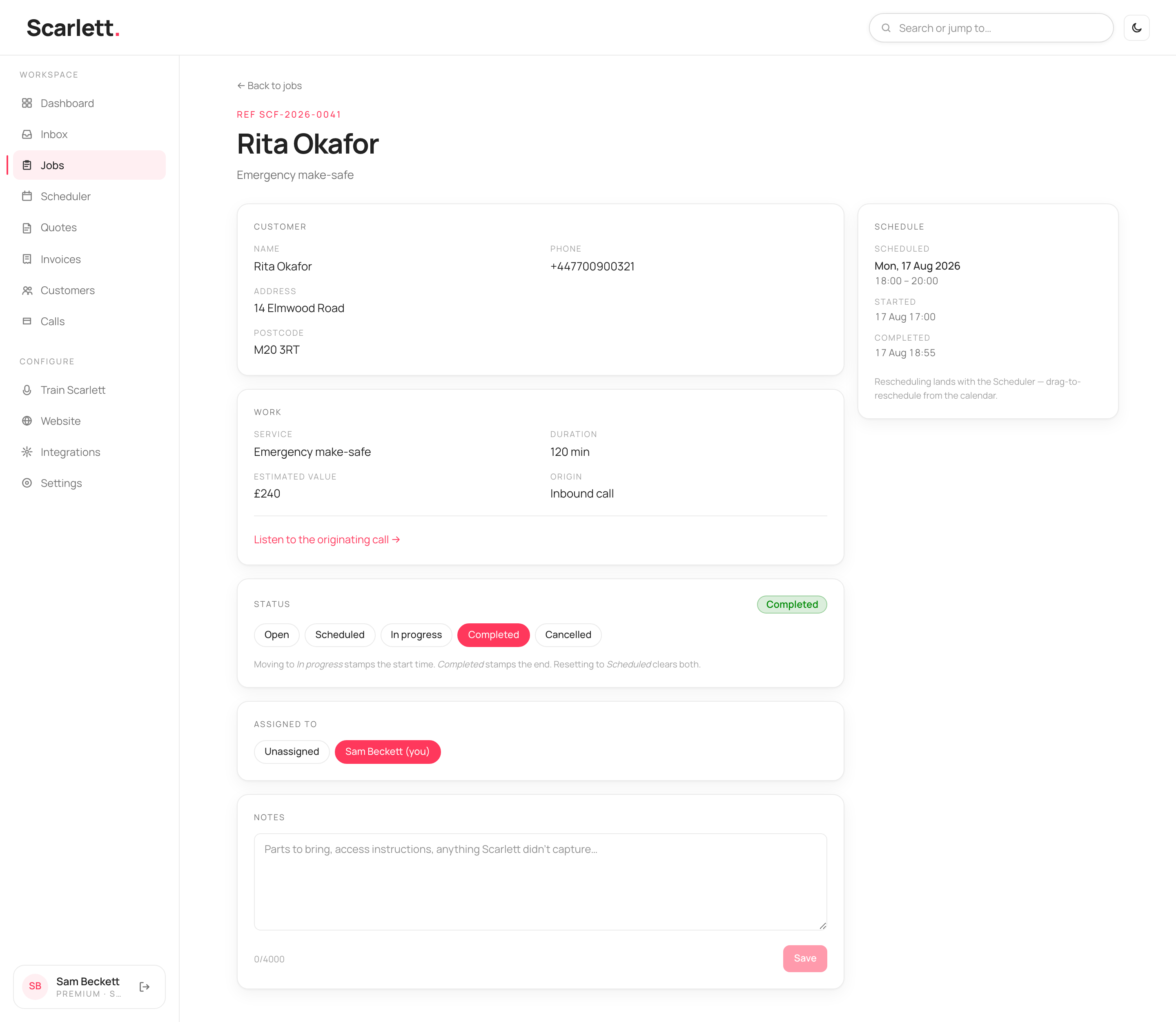 A job's detail with customer and work cards, a status flow, an assignee picker, a notes box and a schedule sidebar.