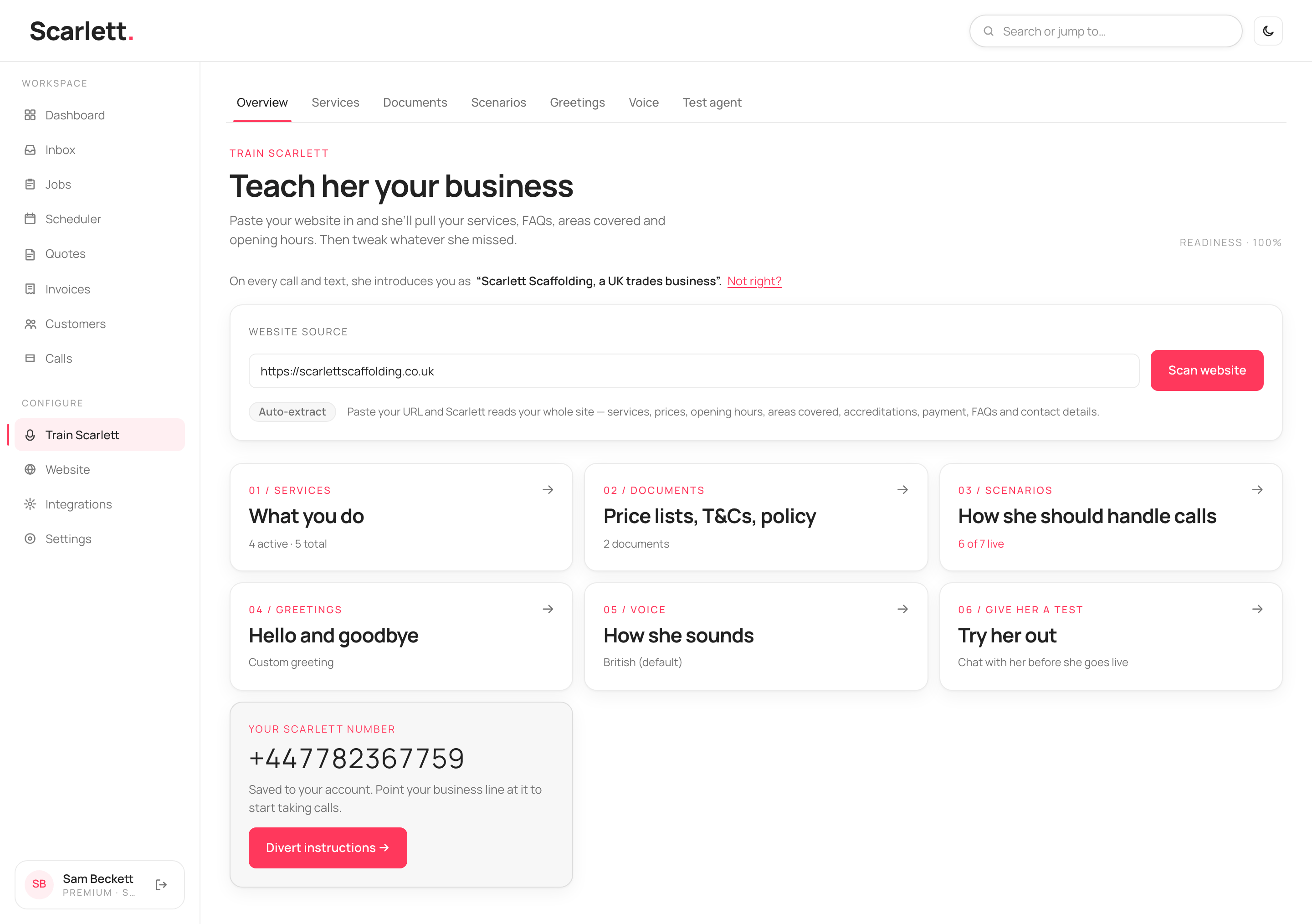 The Train Scarlett overview with a readiness percentage, a Website source box, and status cards for Services, Documents, Scenarios, Voice and a test.
