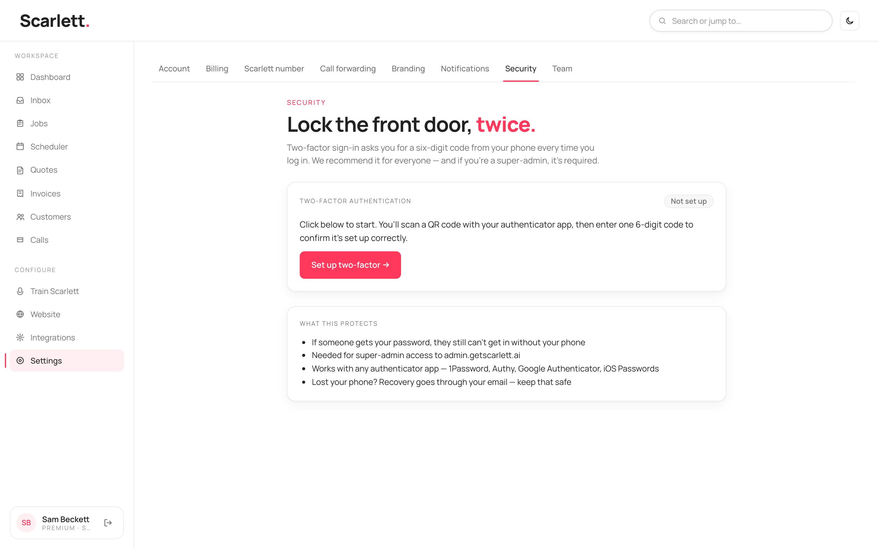 The Security page with a two-factor authentication card showing 'Not set up' and a 'Set up two-factor' button, and a 'What this protects' list.