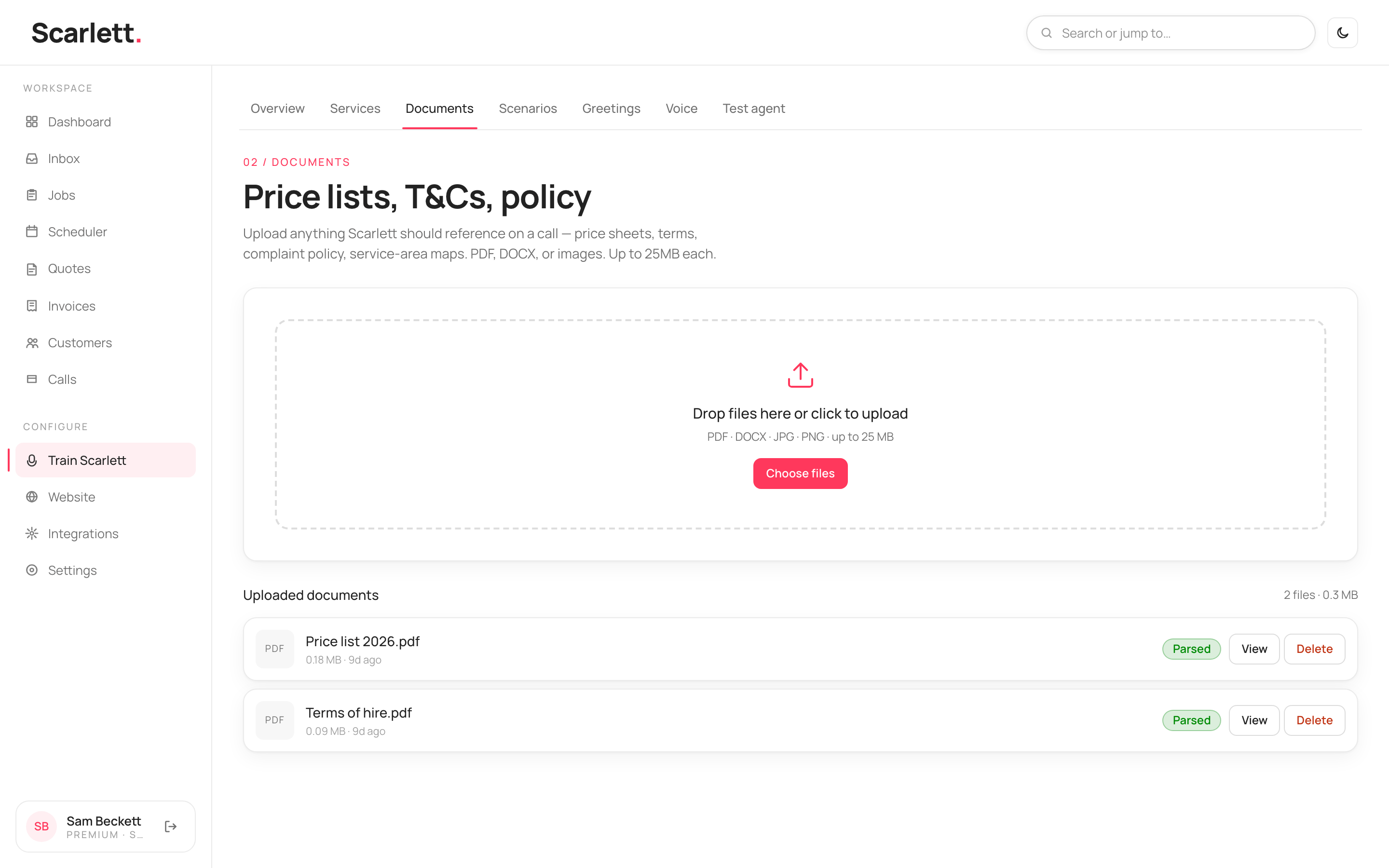 The Documents page with a drop zone for PDF, DOCX or image files up to 25 MB, and a list of uploaded documents with a Parsed badge, size and actions.