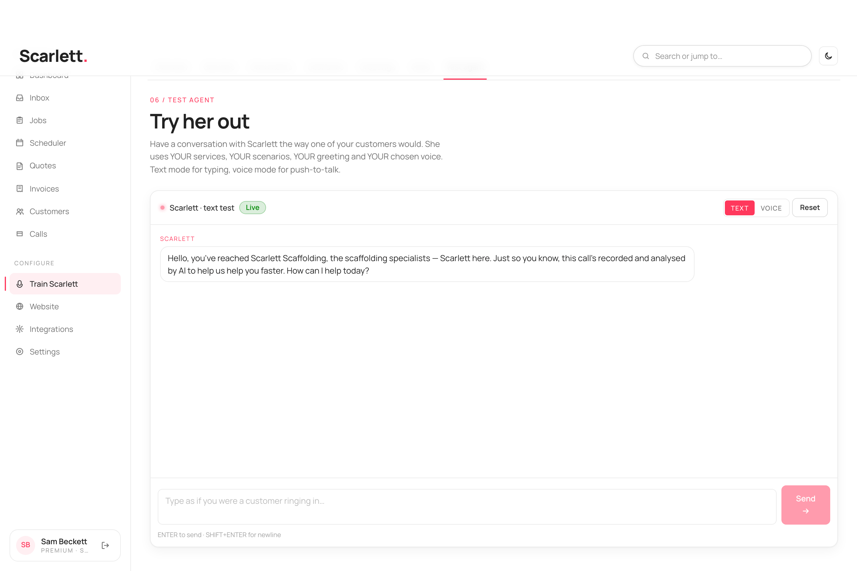 The Test agent chat showing Scarlett's opening message greeting the caller as the business, disclosing that the call is recorded and analysed by AI, and asking how she can help.