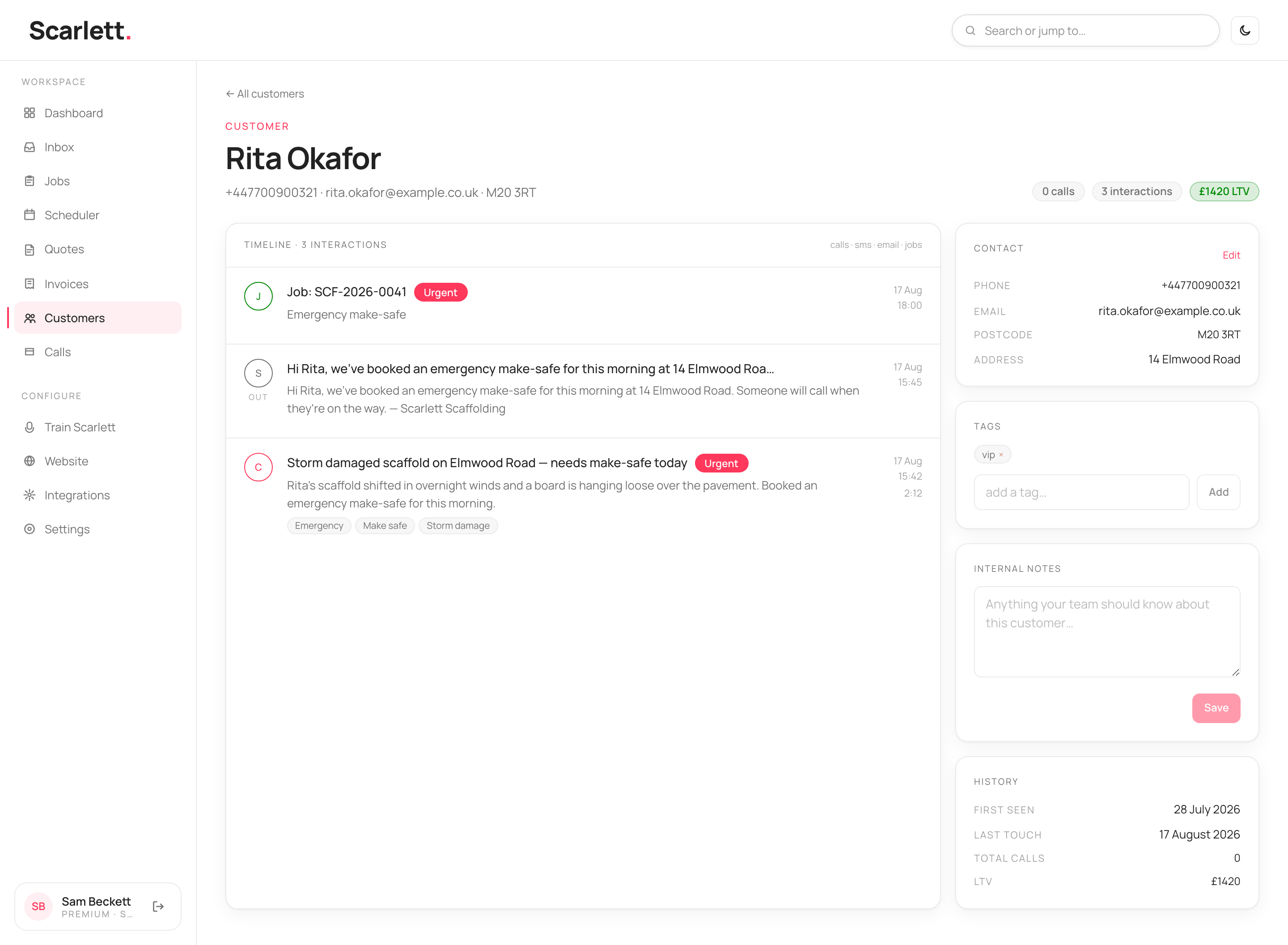 A customer profile with a timeline of every call, text, email and job, and sidebar cards for contact details, tags, internal notes and history including lifetime value.